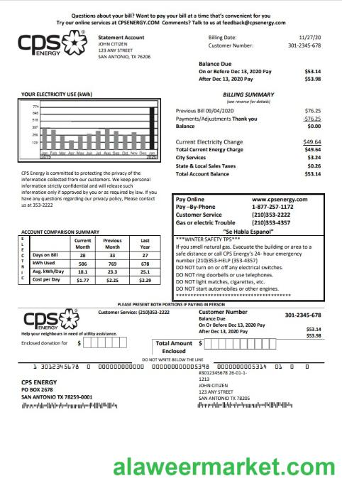 USA Texas CPS utility bill template in Word and PDF format